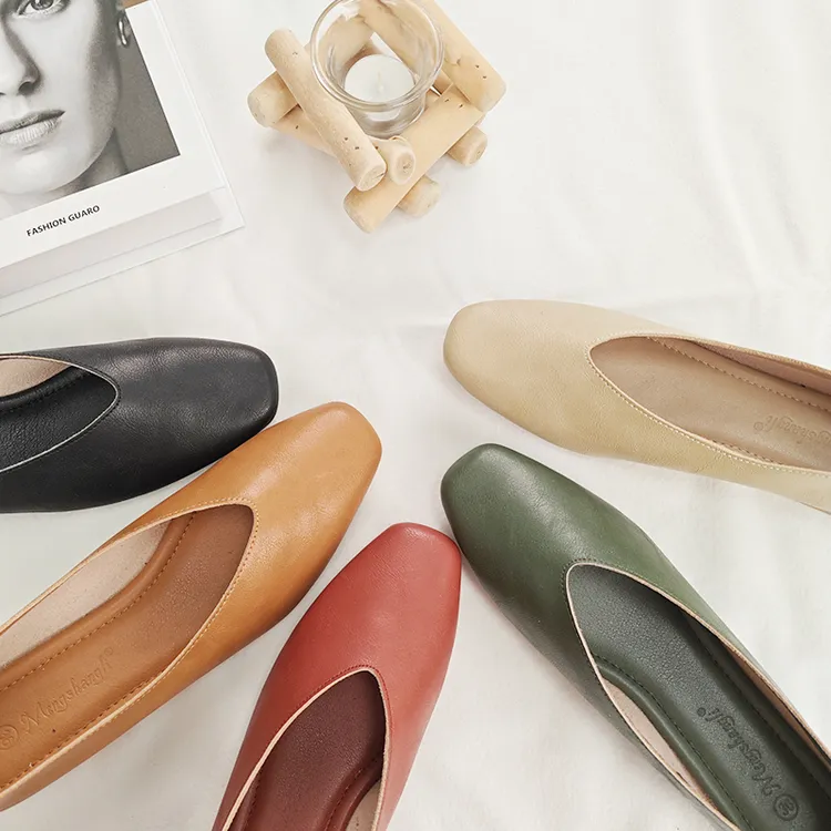 【34-43码】真皮V口复古方头新款百搭低跟女鞋网红春夏浅口舒适单鞋