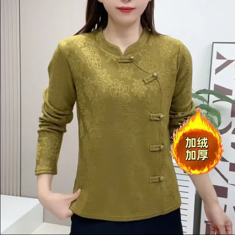 提花盘扣长袖保暖妈妈秋冬打底上衣