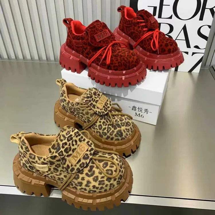 广州欧货【豹纹齿轮】早春萌头真皮7cm系带复古学院气质百搭松糕鞋