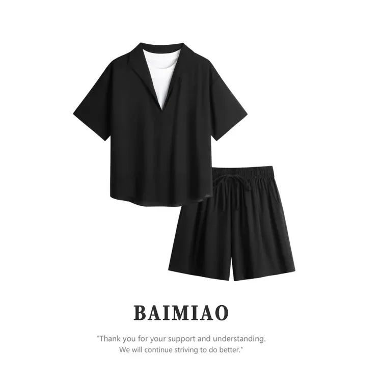 BAIMIAO假两件老钱风亚麻套装男2025高级感衬衫短裤夏