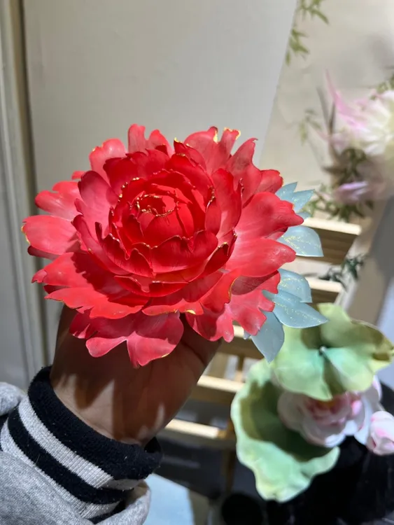 半热缩牡丹花发夹偏红色