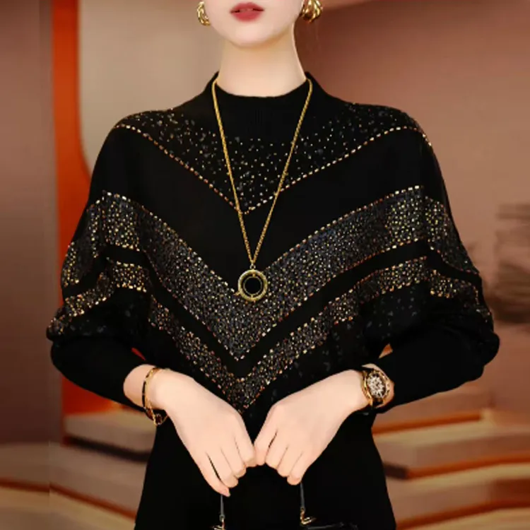 时尚洋气百搭高级感针织衫2025冬季新款宽松减龄烫钻长袖上衣女士
