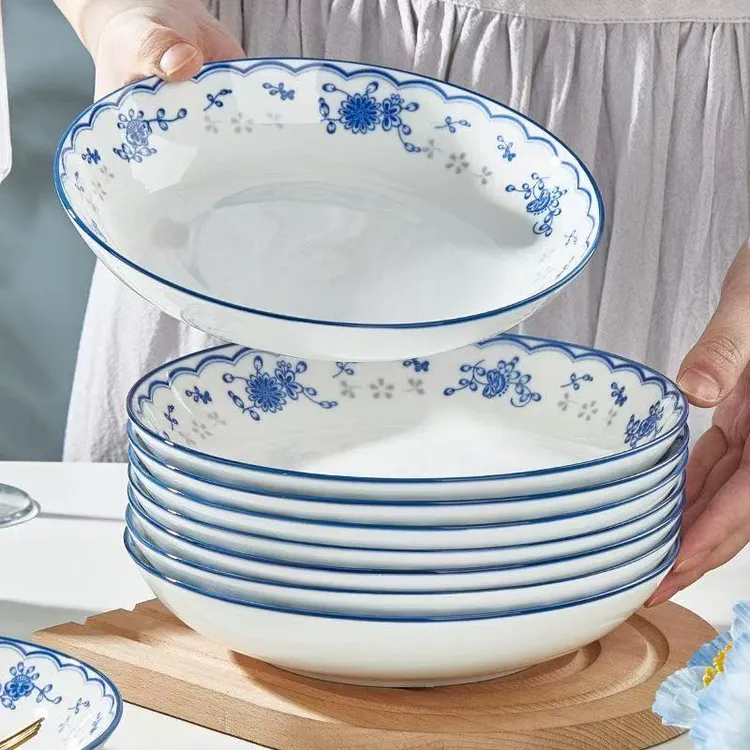 青花瓷玲珑透骨质瓷8英寸菜盘子碟子釉下彩工艺高档餐具酒店