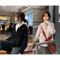 一三良品小个子 百搭宽松纯色休闲连帽毛衣开衫外套女针织衫T5A51