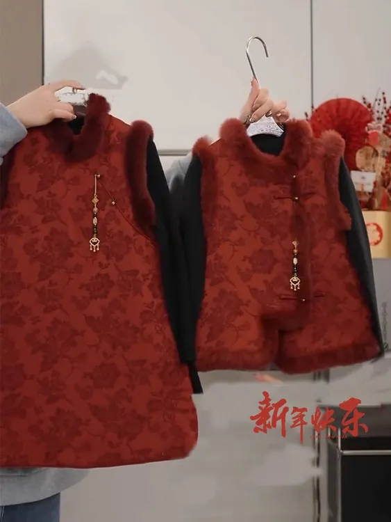 儿童新中式马甲女童兔毛夹棉背心裙秋冬加厚中国风连衣裙拜年服装