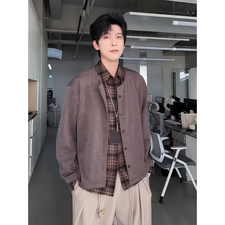 老钱风假两件开衫外套春秋季美式格子拼接针织衫cleanfit短款夹克