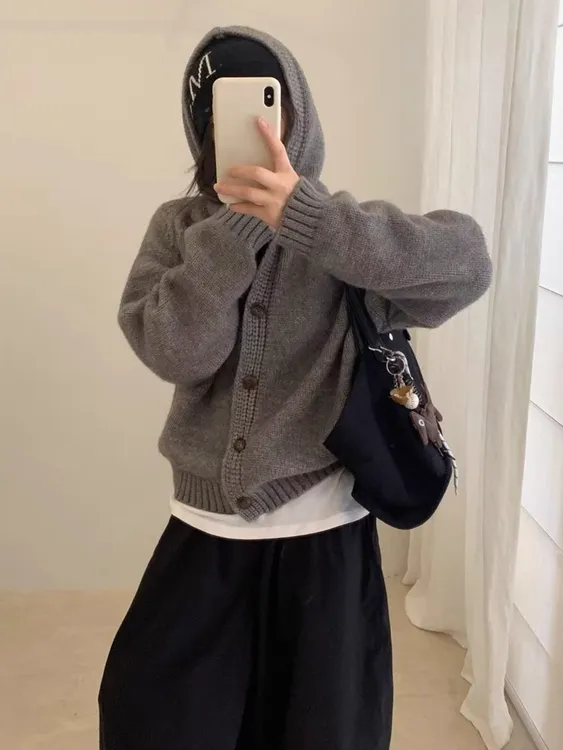 韩系慵懒风连帽针织开衫女秋冬新款宽松显瘦软糯毛衣外套上衣