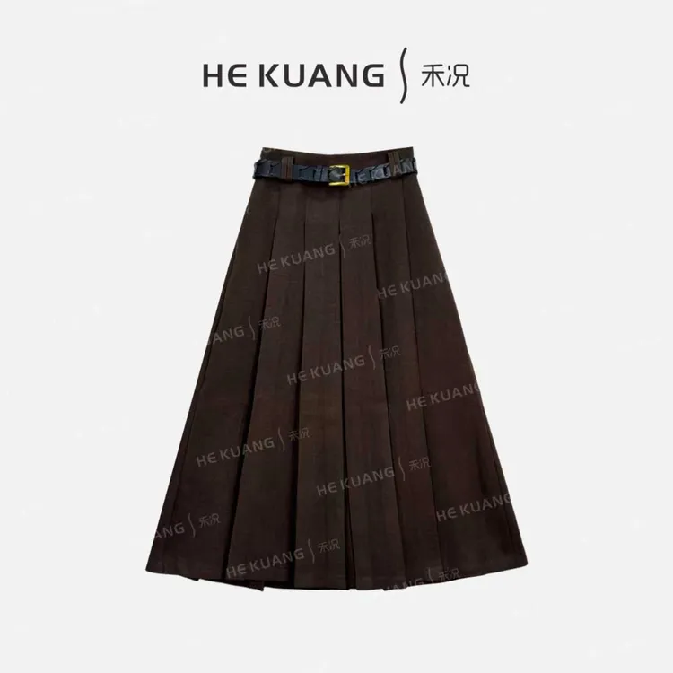 禾况HEKUANG【风褶】高级气质百褶腰带设计师款百搭半身裙E655 1236