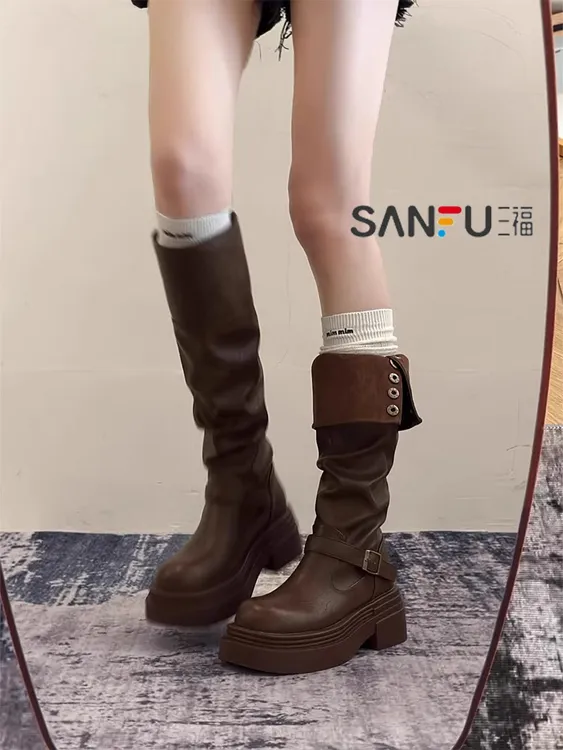 三福高筒靴子夏季厚底长筒靴女2025新款显瘦增高小个子粗腿骑士靴
