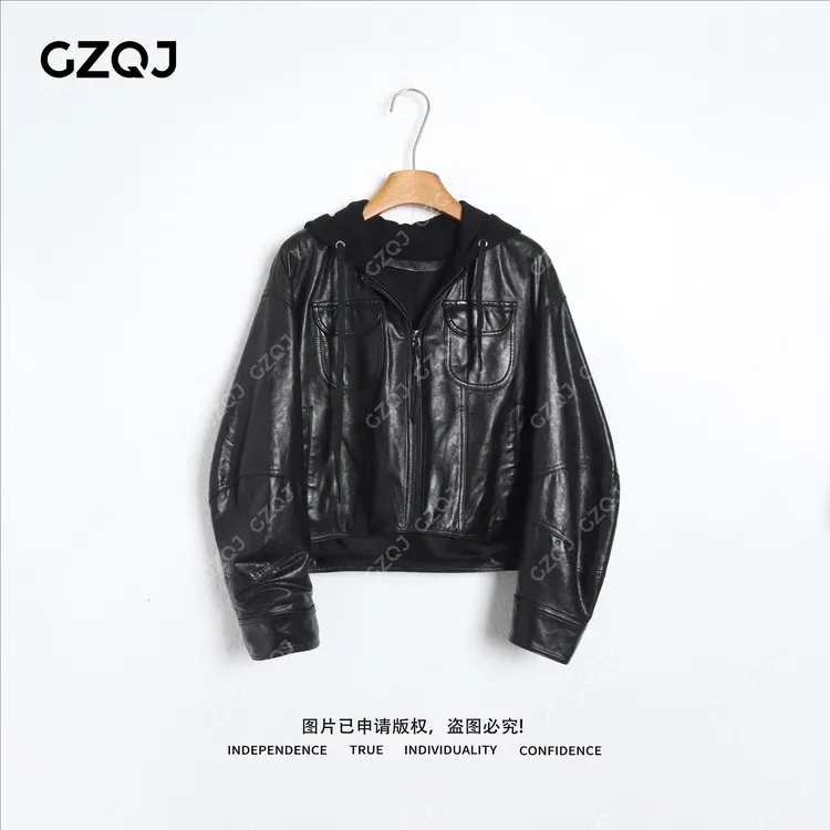 老琴私服【出街皮衣】琥珀流光风可拆卸连帽真皮皮衣外套女秋08018