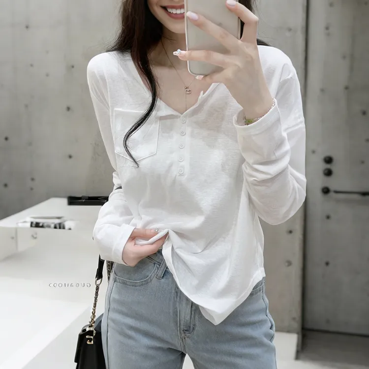 早秋宽松半开领休闲显瘦长袖雪花棉薄款T恤衫简约基础款复古上衣