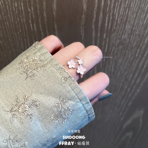 足银戒指 冬樱珐琅彩足银999戒指活口花卉温柔甜美气质小众手工