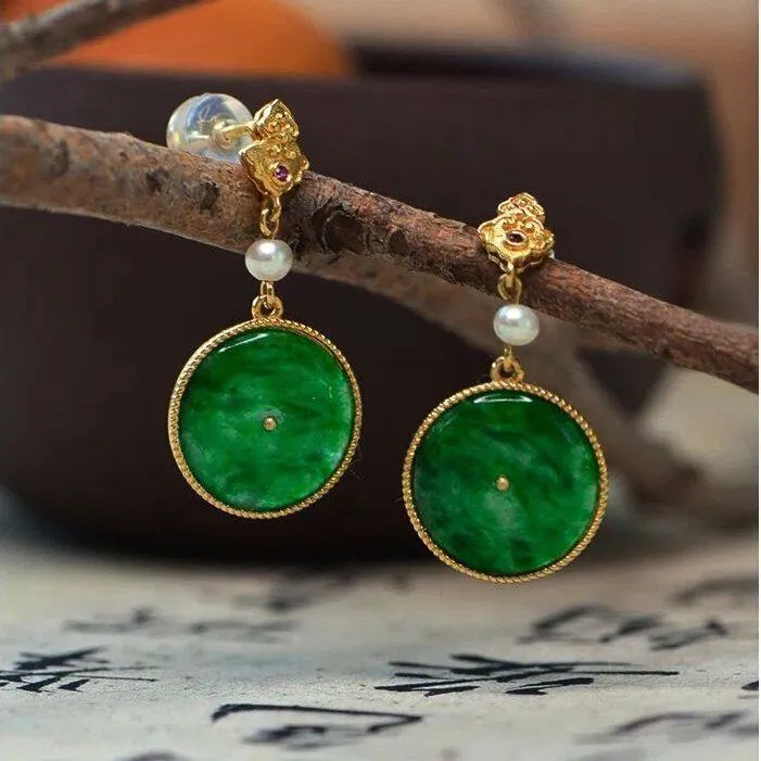 铜合金耳饰 绿色平安扣耳钉耳环古典汉风优雅温柔气质如意耳饰