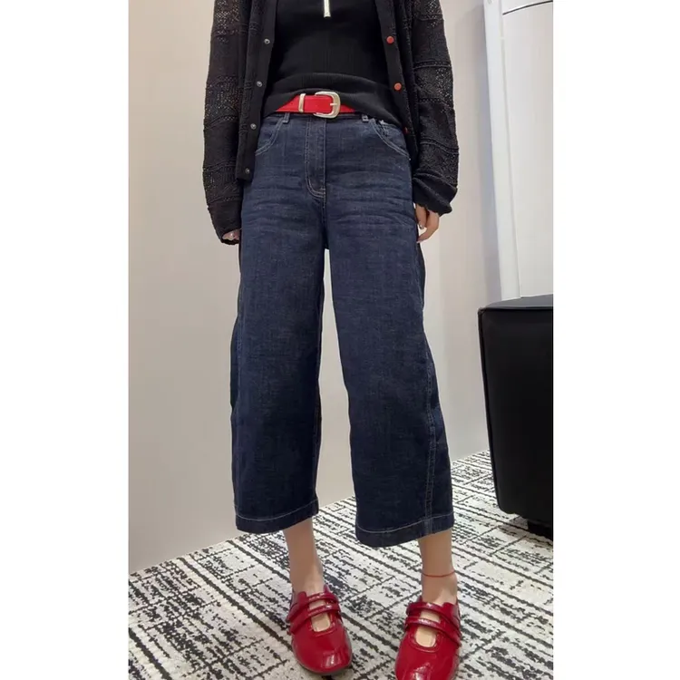 时尚简约弹力牛仔裤女夏季新款梨型身材显瘦百搭九分直筒阔腿裤