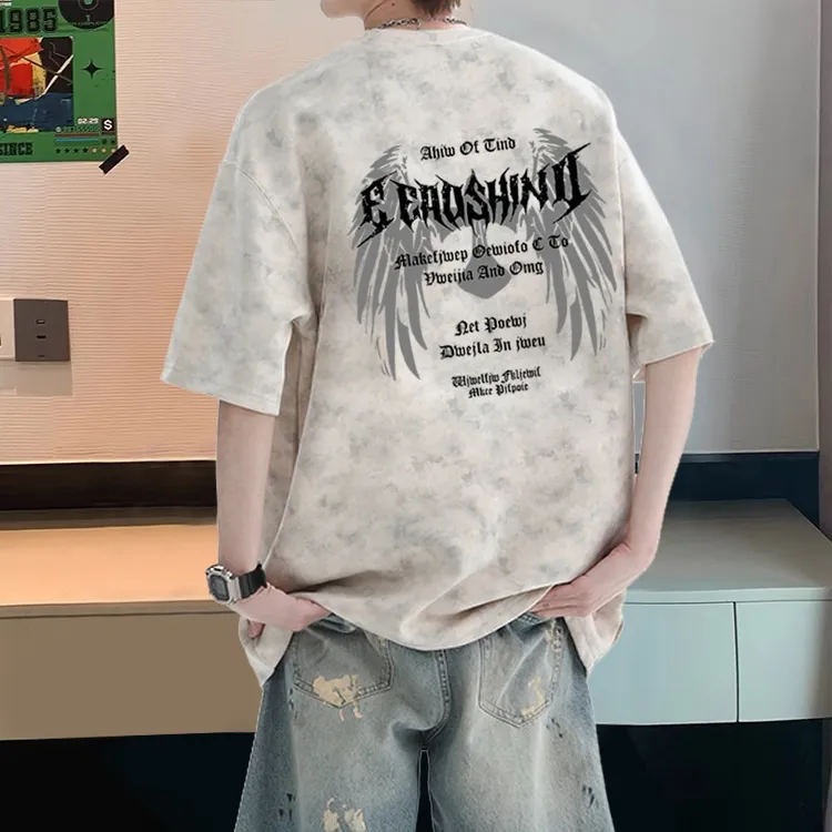 开学季纯棉扎染短袖t恤男生宽松大码上衣ins潮牌美式休闲半袖学生