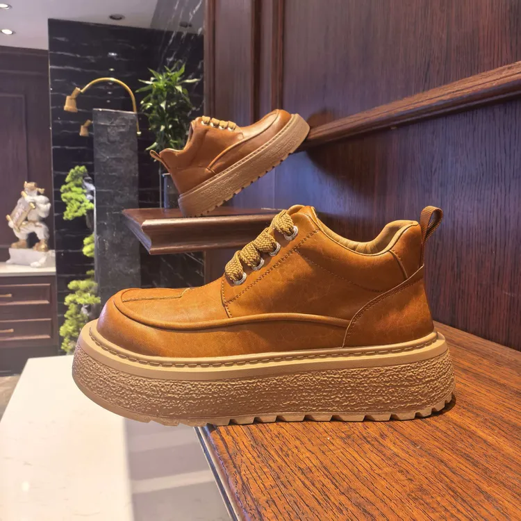 鞋子皮面男加厚马丁靴低帮系带厚底增高防滑耐磨休闲鞋【单棉同款】