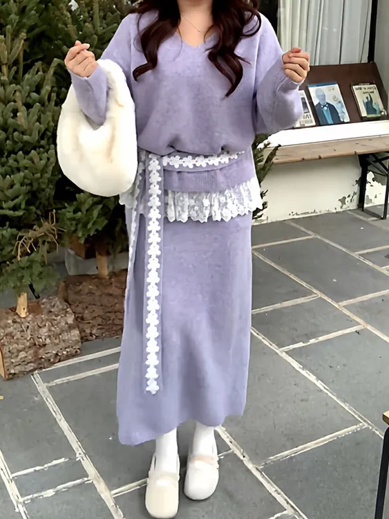 大码胖MM法式独特v领蕾丝拼接紫色上衣半裙两件套女冬季毛衣套装