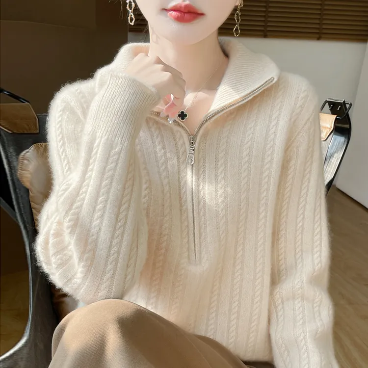 2025秋冬新款羊毛衫加厚保暖慵懒风针织衫女时尚半拉链翻领打底衫