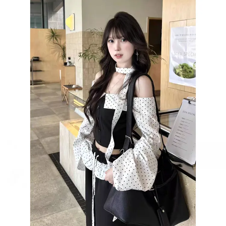 H2AN1 STUDIO波点芭蕾风长袖一字肩抹胸上衣辣妹阔腿裤套装女秋季
