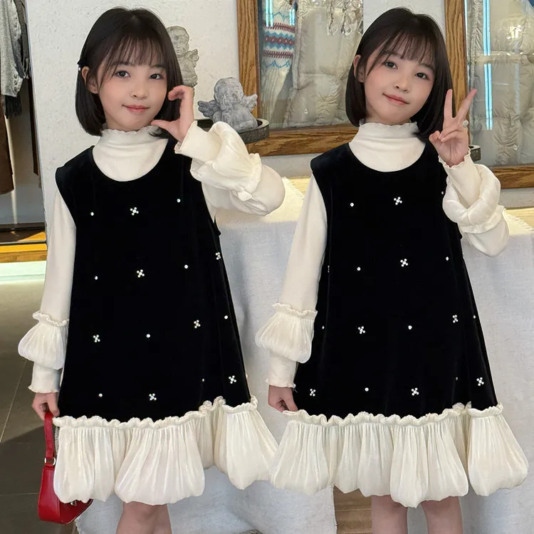 加绒新款韩版秋冬季女大童手工钉珠高级感鱼尾丝绒背心裙礼服冬装