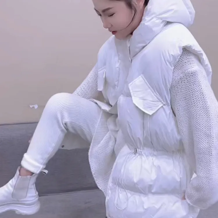 冬季女宽松型马夹加厚白色短款连帽