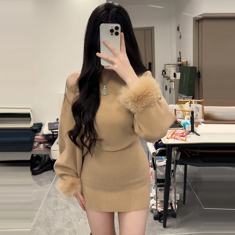 韩系慵懒风毛毛袖口斜领露肩针织连衣裙女秋季新款宽松包臀短裙子