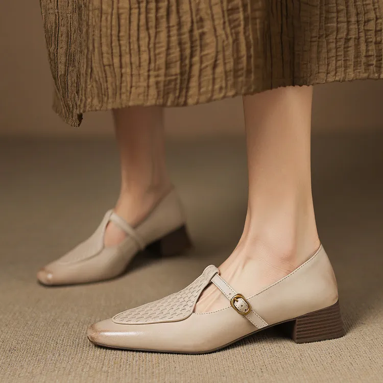 头层牛皮+编织3.5cm复古法式低跟舒适玛丽珍深口单鞋新款简约粗跟