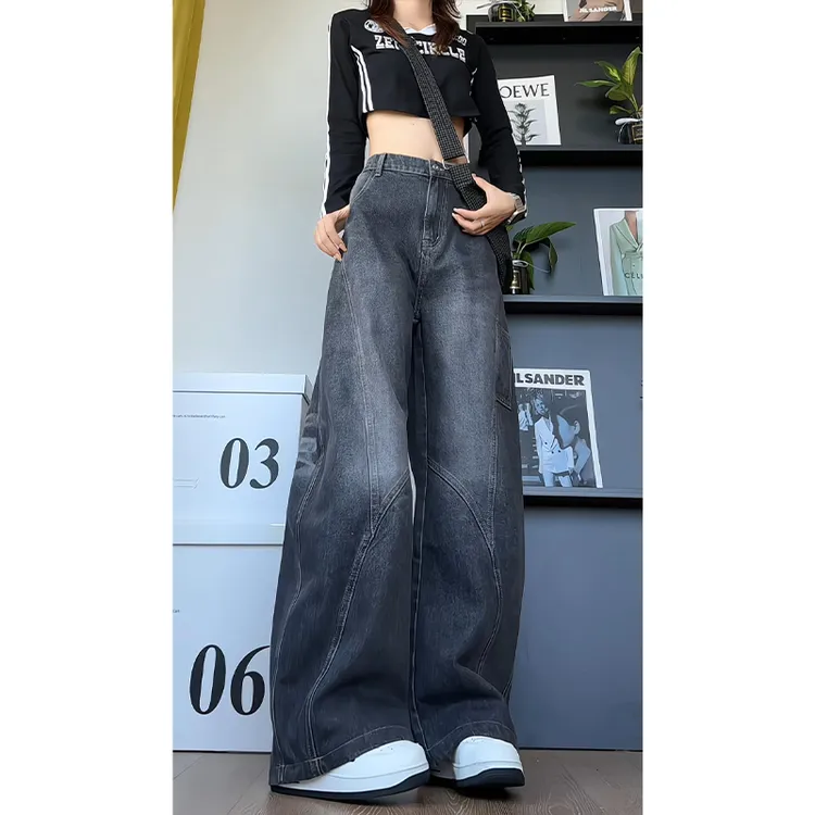 美式高街工装阔腿牛仔裤秋冬季宽松复古设计感潮牌嘻哈弯刀厚裤子