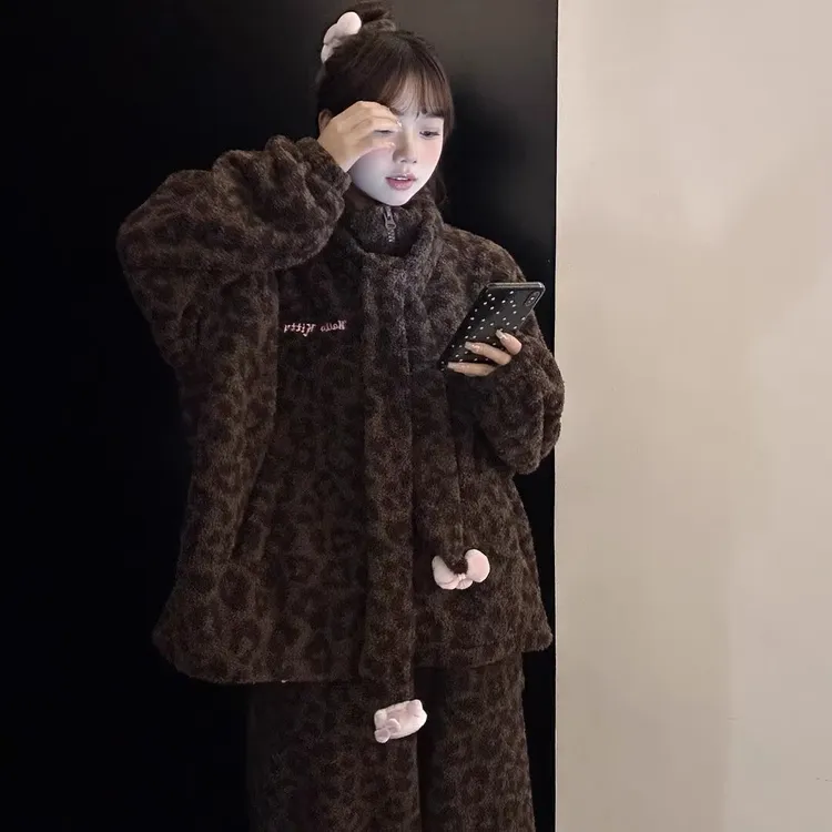 韩系黑皮豹纹kitty睡衣套装女加厚保暖立领拉链式可外穿家居服冬