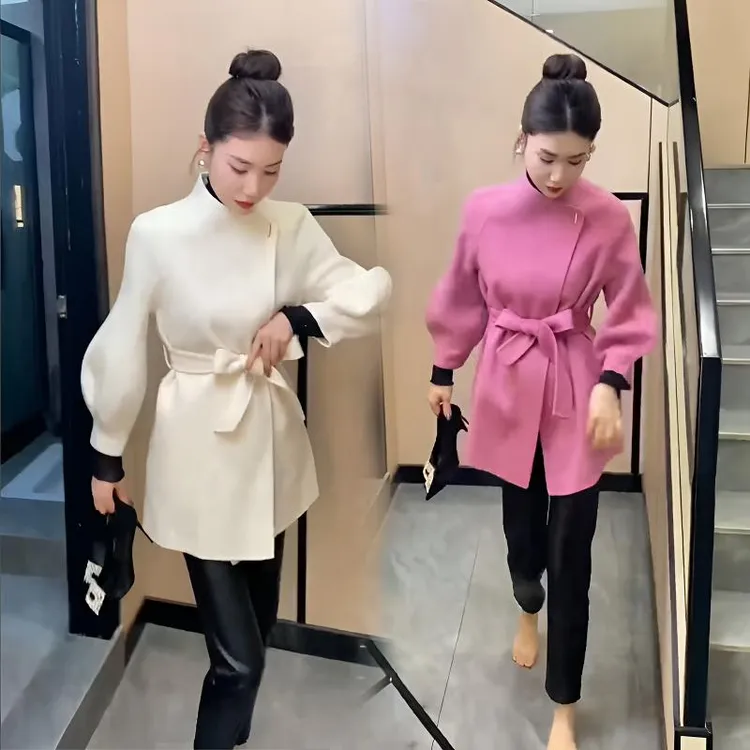 气质女人味秋冬时尚外套洋气收腰显瘦粉色雪花呢外套网红百搭韩版