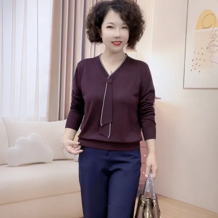 早秋新款飘带莱赛尔仟维长袖针织天丝小衫