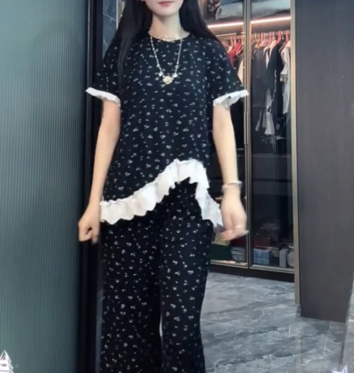 甜美碎花拼接不规则蕾丝底边家居服套装【实物微色差】