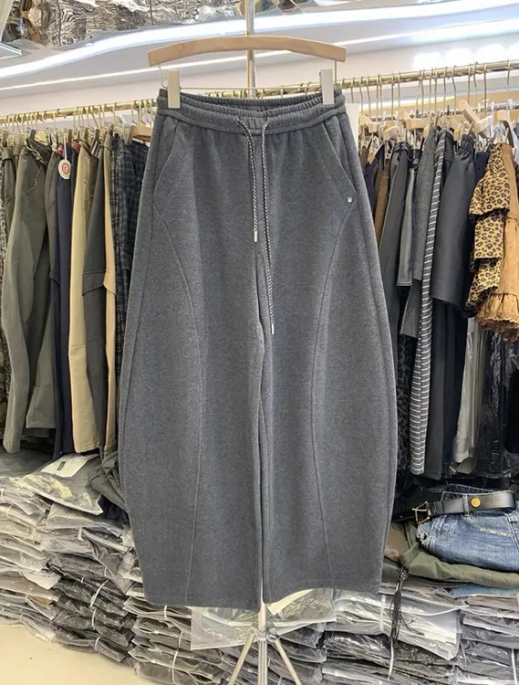 3R3灰色弯刀阔腿卫裤女秋季2025新款抽绳直筒高腰显瘦运动休闲裤