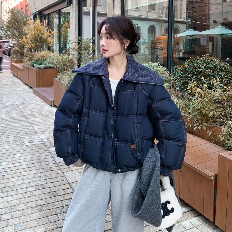 针织大翻领牛仔短版羽绒服短款女款冬季保暖绗缝泡芙面包服白鸭绒