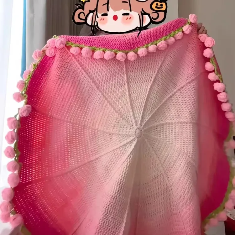 渐变粉色玫瑰花束毯子手工编织diy圆形花毯子适合送情侣家人礼物