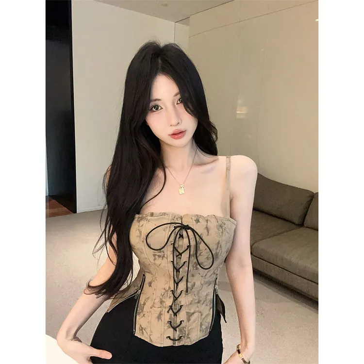 2025秋季新款美式辣妹街头绑带系绳抹胸吊带背心高腰百搭裙裤套装