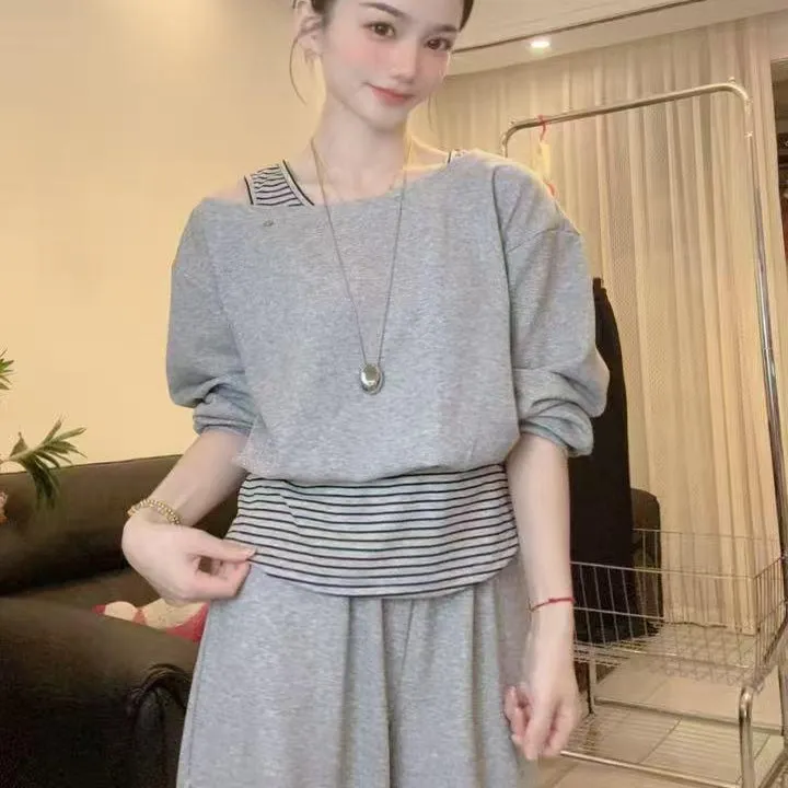 2025春秋季新款女士韩版休闲套装条纹斜肩露肩卫衣阔腿裤两件套潮