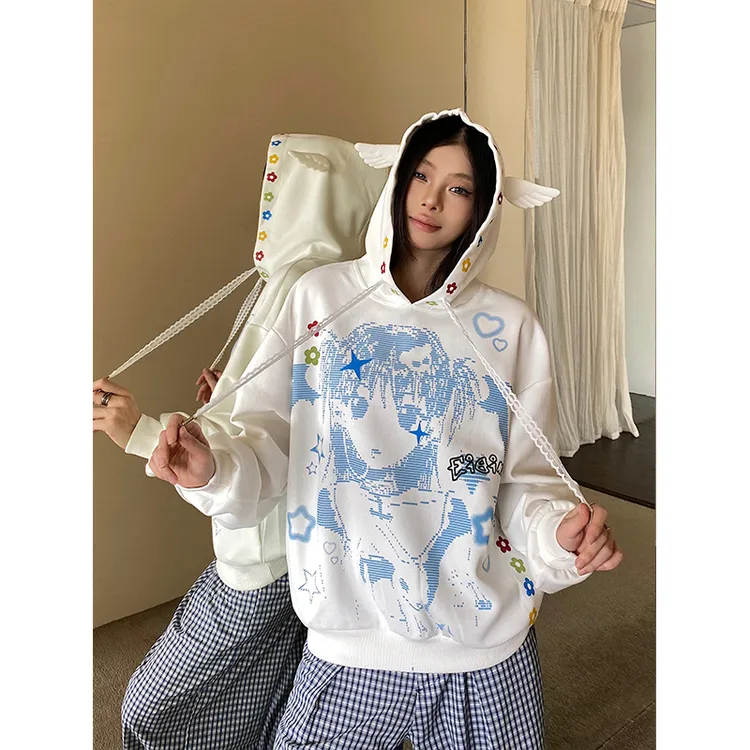 NOWANDHERE美式复古少女翅膀连帽卫衣女秋季宽松休闲帽衫Y2K卫衣