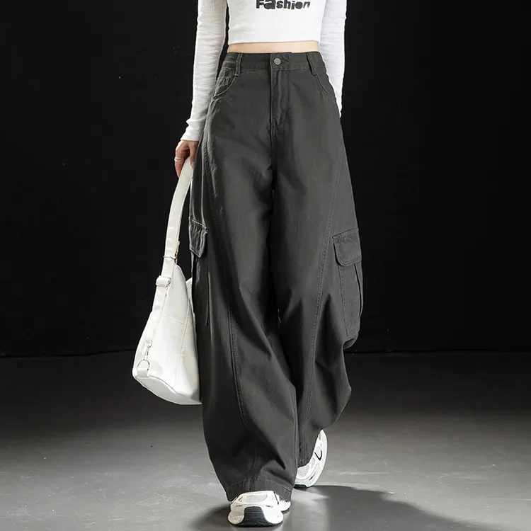 美式复古解构灰色弯刀工装裤2025秋冬潮牌牛仔裤女宽松休闲阔腿裤