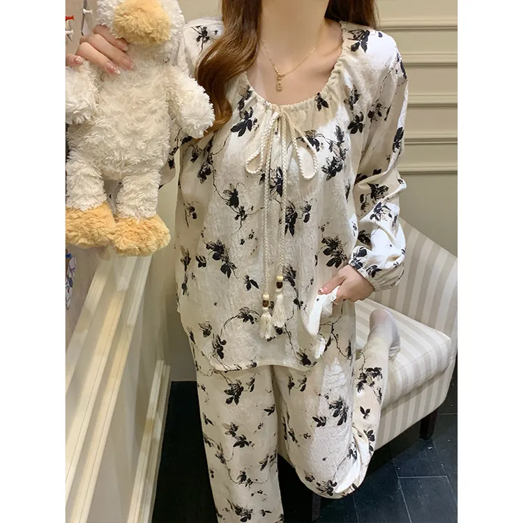 新中式睡衣女春秋季带胸垫一体长家居服带胸垫卡通女秋季睡衣套装