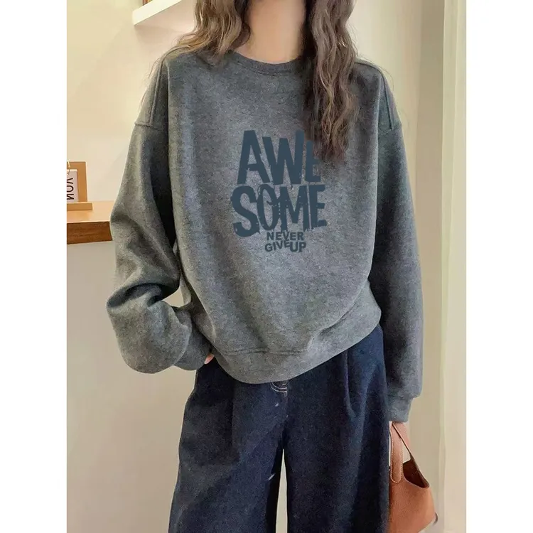 高级灰圆领套头宽松印花卫衣女秋冬加厚休闲设计感薄款上衣外套潮