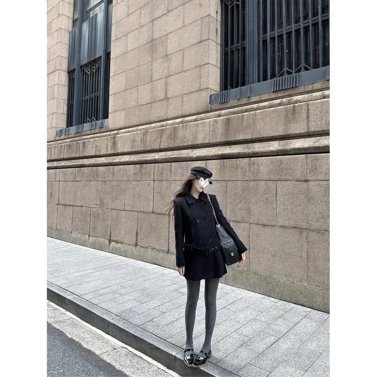 法式黑色风衣外套女冬季韩版双排扣中长款翻领宽松百搭复古大衣