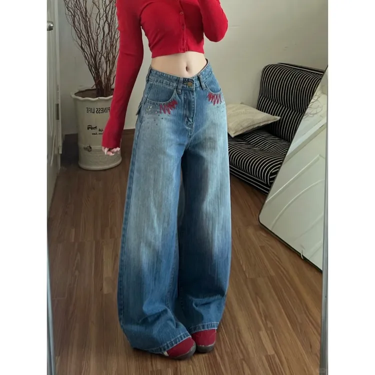 美式复古水洗烫钉烫钻牛仔裤女2025冬季重工磨白宽松刺绣阔腿裤子