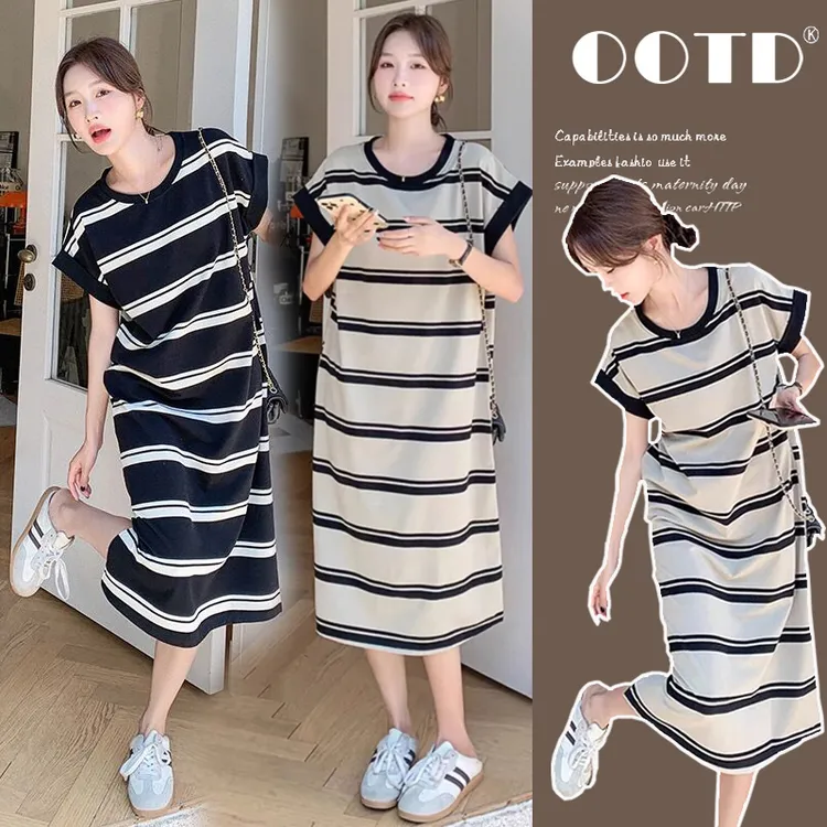 2025孕妇装夏季新款条纹袖口卷边侧开叉休闲中长款连衣裙