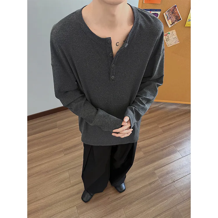 上衣男士长袖休闲宽松纯色秋季秋冬时尚百搭小众设计感薄款简约圆