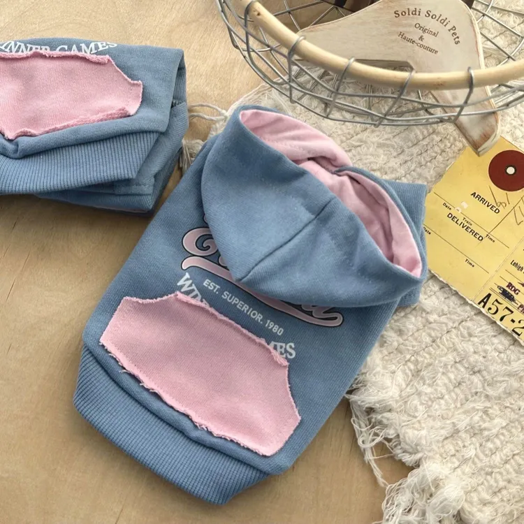 蓝粉撞色时尚连帽卫衣约克夏雪纳瑞秋冬新款猫咪狗狗衣服加绒保暖