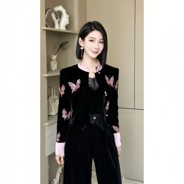 格娜2025新款秋冬蝴蝶元素绣花丝绒短外套新中式百搭外套别致套装