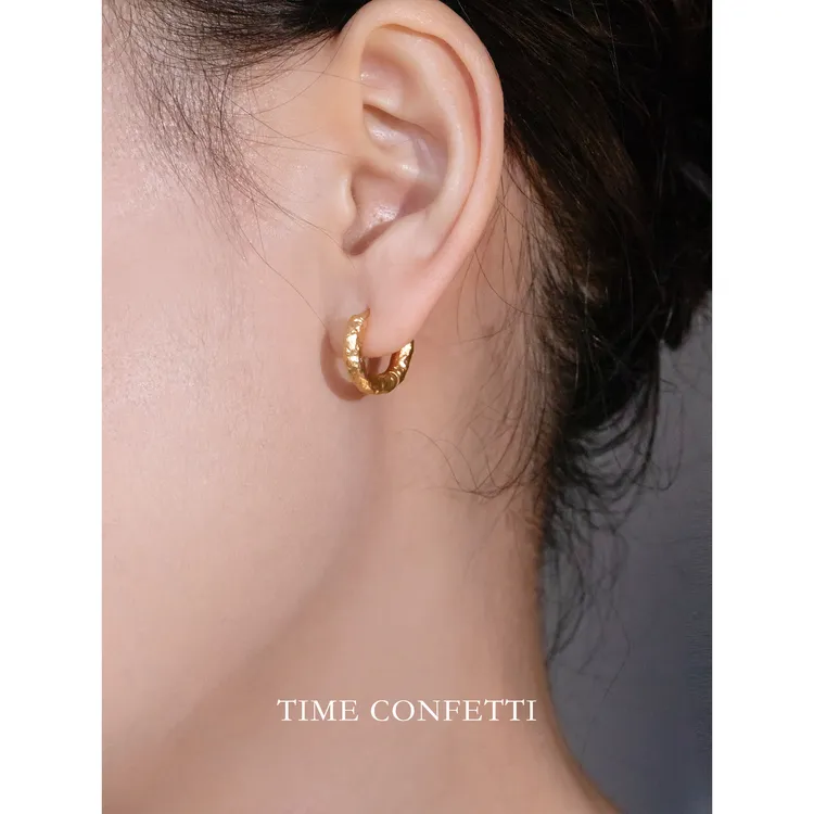 黄铜耳饰 镀K金【孙二娘】复古法式理感锤打圆圈耳环TC 11674