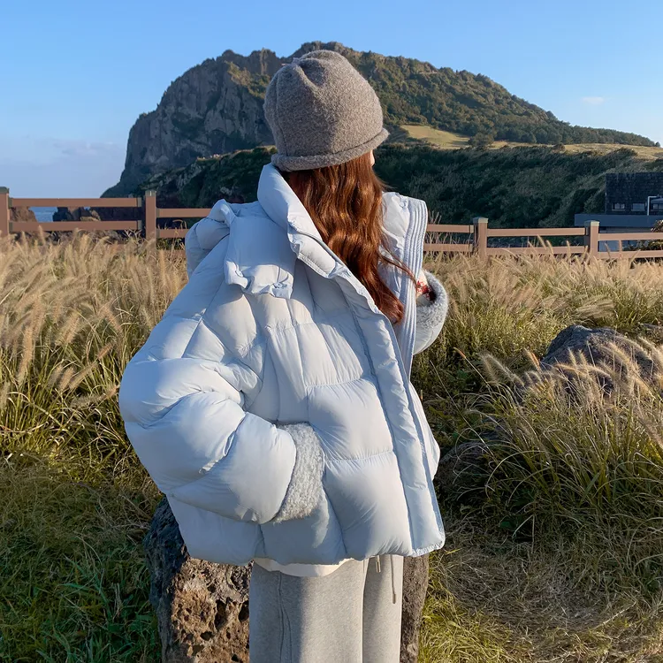 浅蓝色学院风漂亮短款泡芙羽绒服女2025新款冬季连帽减龄气质外套