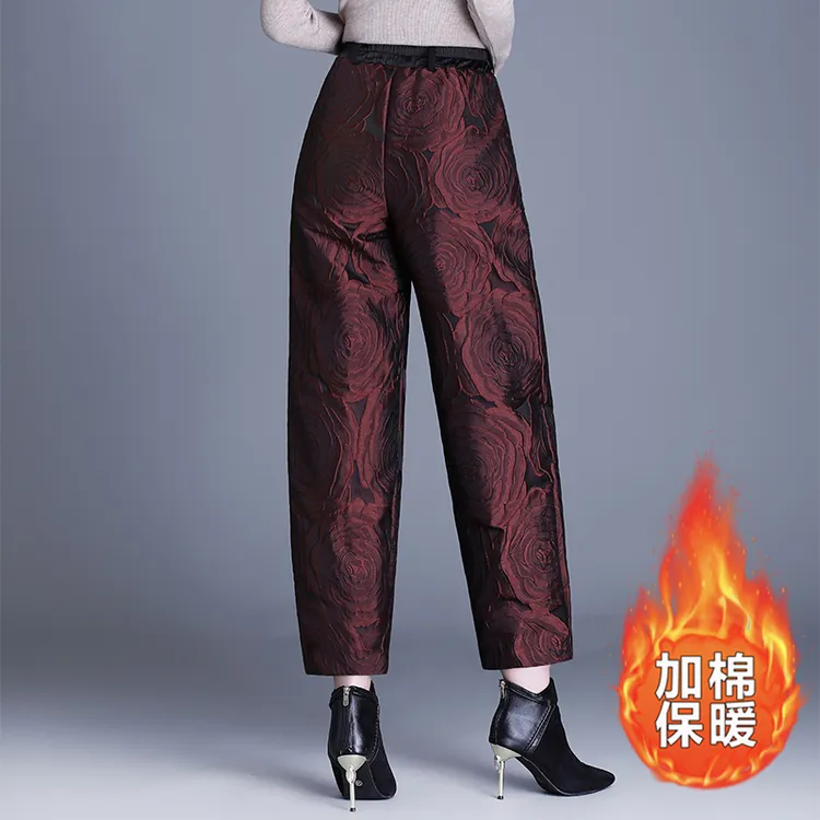 高档提花阔腿裤女秋冬2025新款妈妈外穿加厚夹棉长裤灯笼花苞裤子